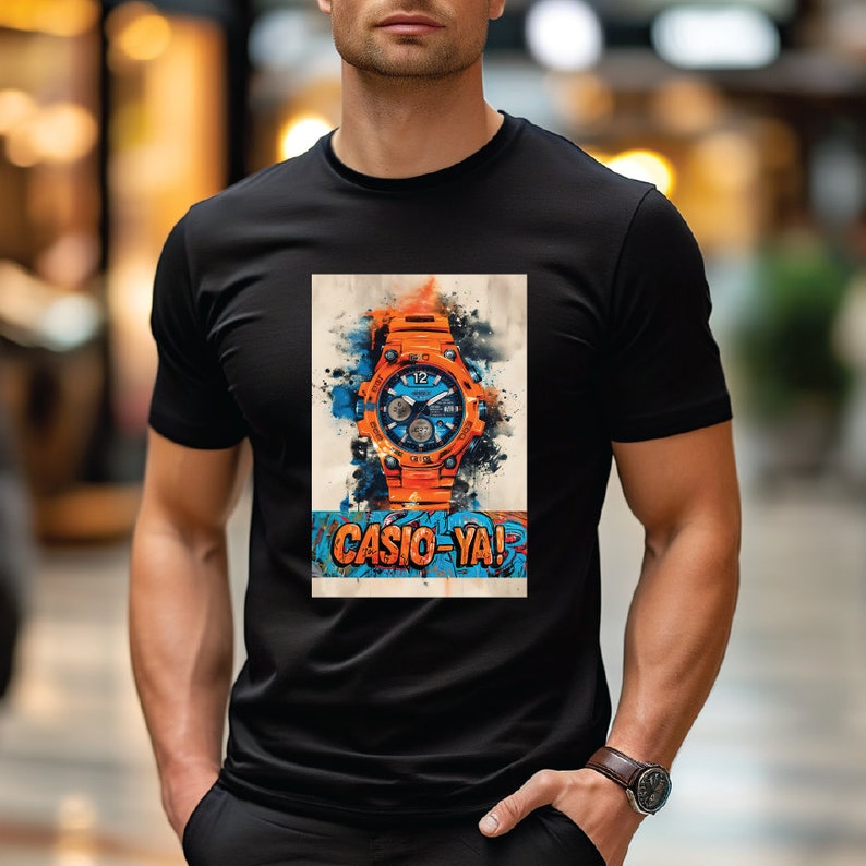 Model wearing the Watches And More CASIO-YA! graphic T-shirt