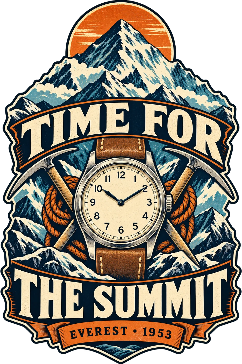 Time for the Summit — Everest 1953 artwork with a vintage-style watch, snowy mountains, crossed ice axes, and an orange sun