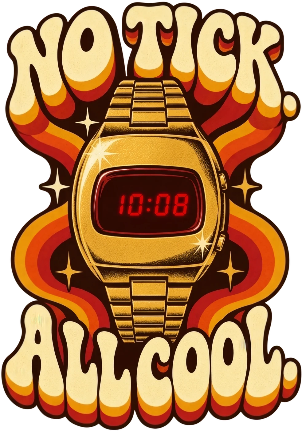 Original No Tick. All Cool. artwork: a gold digital watch with glowing red numbers and groovy cream, orange and red lettering